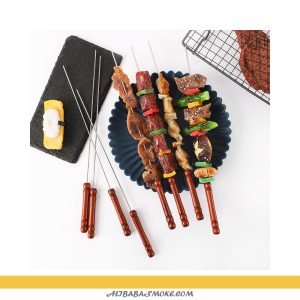 Reusable Grilling Flat Stainless Steel Wooden Hand Barbecue Stick / Skewers for Meat, Shrimp, Chicken-YS-11
