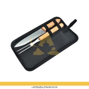 2 PCS BBQ Tool Set with Cloth Bag Outdoor/Household Stainless Steel Fork and Knife Set River Wooden Handle-BWH-2